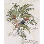 Faded Toucan Paradise glass film pattern in green, grey and blush, full design view